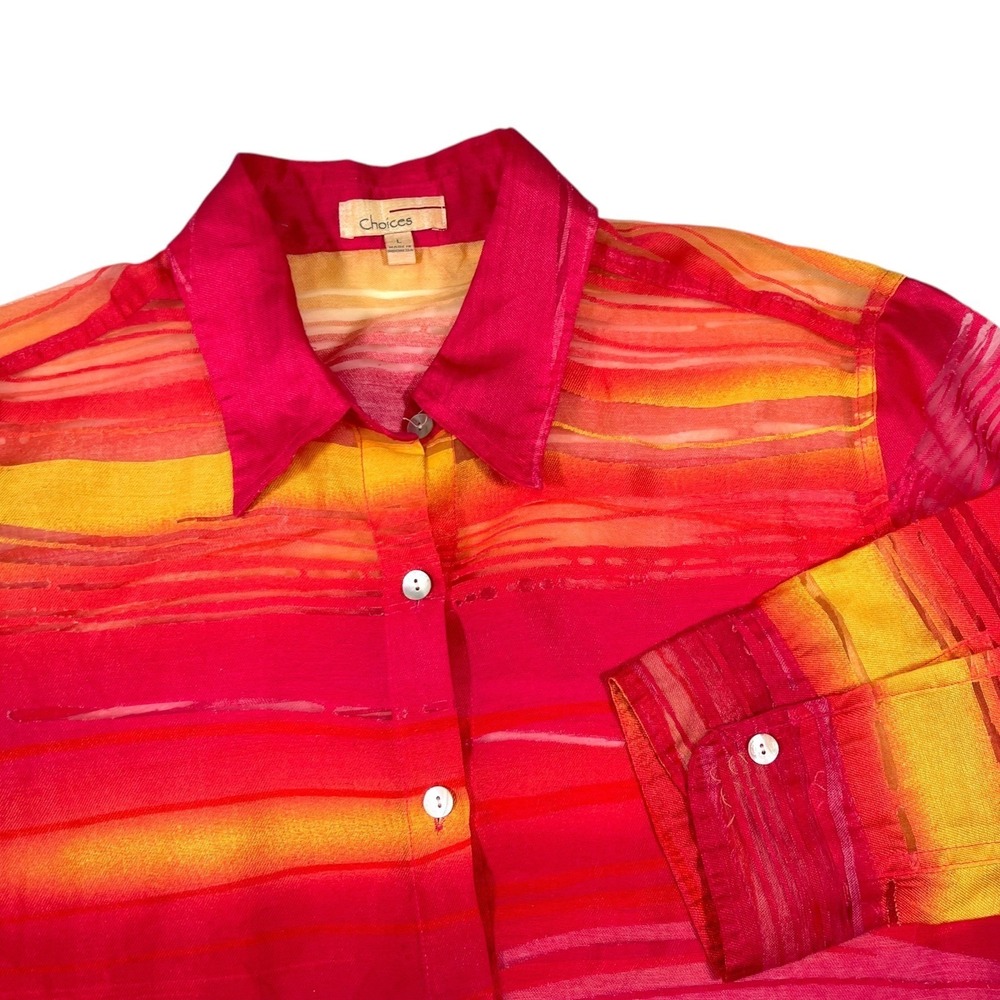 Choices L Pink Orange Button Up Blouse Burnout Stripe Sunset Boho Art to Wear